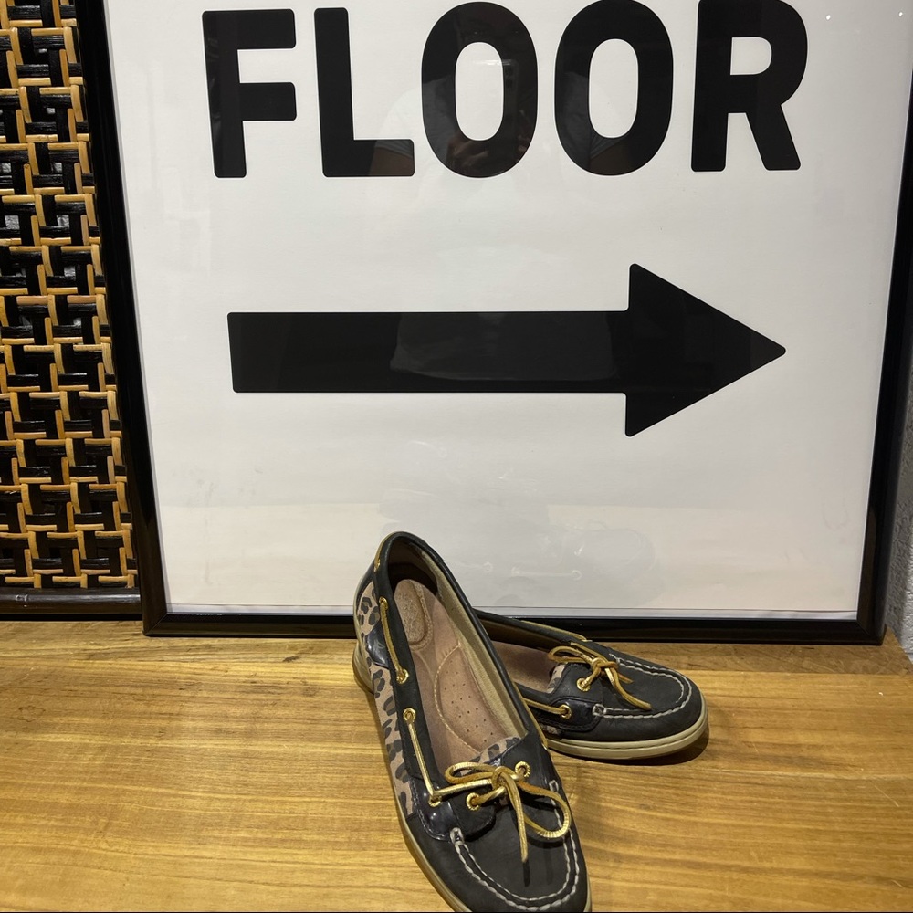 Black and Leopard Top Siders, good used condition